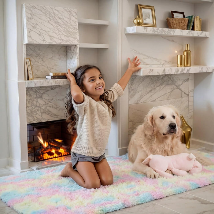 8x10 Feet Shaggy Fuzzy Rug for Kids, Soft Plush Vafodo Fluffy Bedroom Carpet, Nursery Area for Baby, Tie-Dye Rainbow Living Room, Cute Decor for Girls Boys