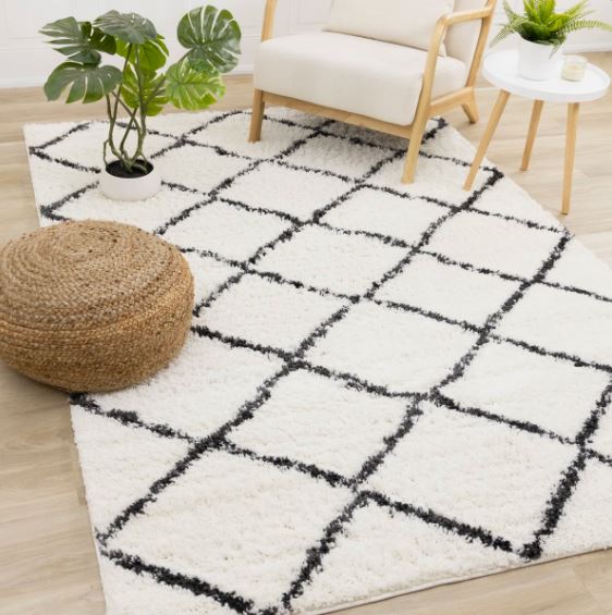 5'3" x 7'7" Simple Shag White Black Trellis Indoor Area Rug