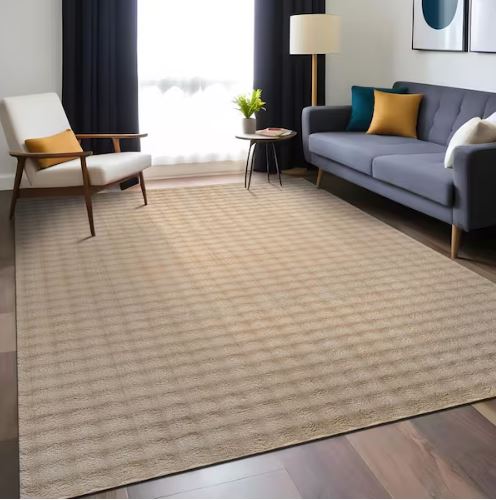 Aurora 8 ft. x 10 ft. Beige Non-Slip Rubber Back Washable Polyester Checker Indoor Area Rug