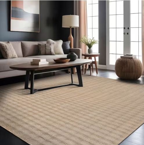 Aurora 8 ft. x 10 ft. Beige Non-Slip Rubber Back Washable Polyester Checker Indoor Area Rug