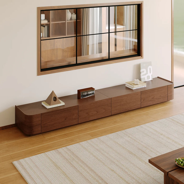 Ayrah 94.5" Mid Century Modern TV Stands, 4 Drawers, Solid Wood Brown Media Console