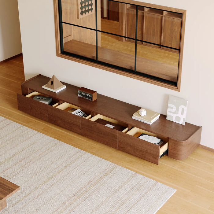Ayrah 94.5" Mid Century Modern TV Stands, 4 Drawers, Solid Wood Brown Media Console