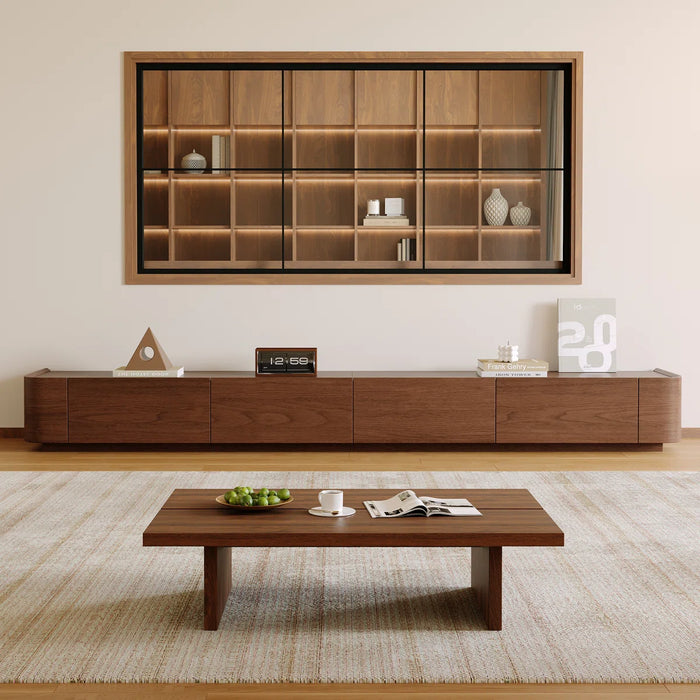 Ayrah 94.5" Mid Century Modern TV Stands, 4 Drawers, Solid Wood Brown Media Console
