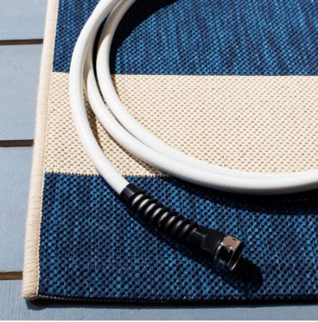 7 ft. x 7 ft. Square Beige/Navy Courtyard Awning Stripe Indoor/Outdoor Square Area Rug