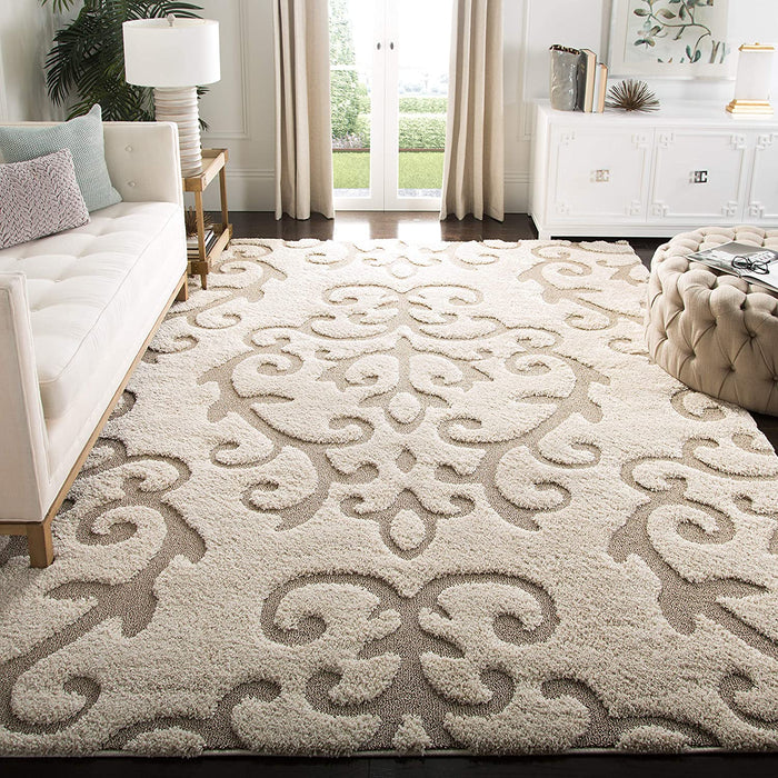 SAFAVIEH Florida Shag Collection 5'3" x 7'6" Cream/Beige Scroll Non-Shedding Living Room Bedroom Dining Room Entryway Plush 1.2-inch Thick Area Rug