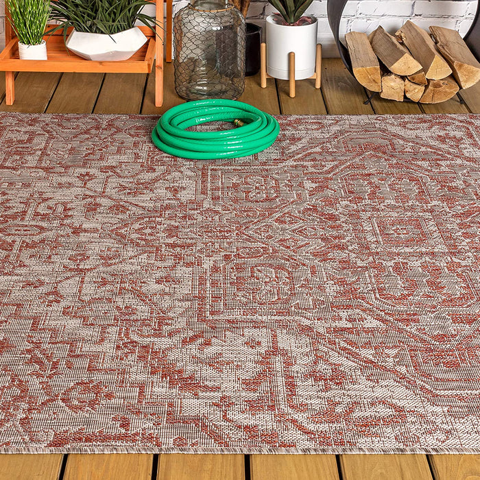 8 ft. x 10 ft. Color Red/Taupe Bohemian Medallion Textured Weave Indoor/Outdoor Area-Rug