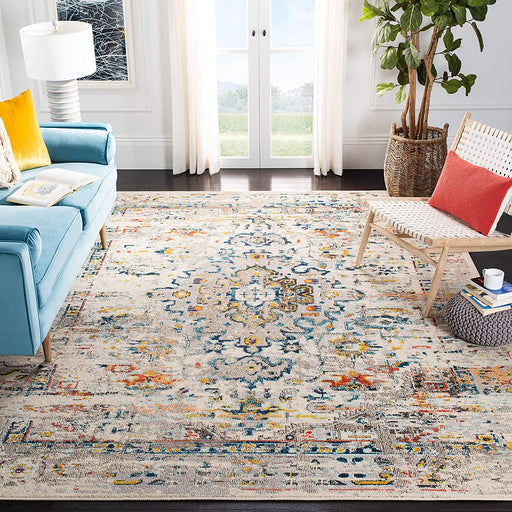 SAFAVIEH Madison Collection 5'3" x 7'6" Cream/Blue Boho Distressed Medallion Non-Shedding Living Room Bedroom Dining Home Office Area Rug