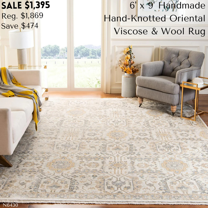 6' x 9', Ivory & Beige, Hand-Knotted Traditional Oriental Wool & Viscose,SAFAVIEH Area Rug