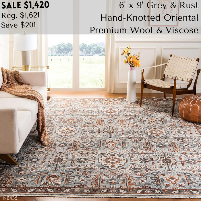 SAFAVIEH Haj Jalili Collection Area Rug - 6' x 9', Grey & Rust, Hand-Knotted Traditional Oriental Wool & Viscose, Ideal for High Traffic Areas in Living Room, Bedroom (HJ1276F)