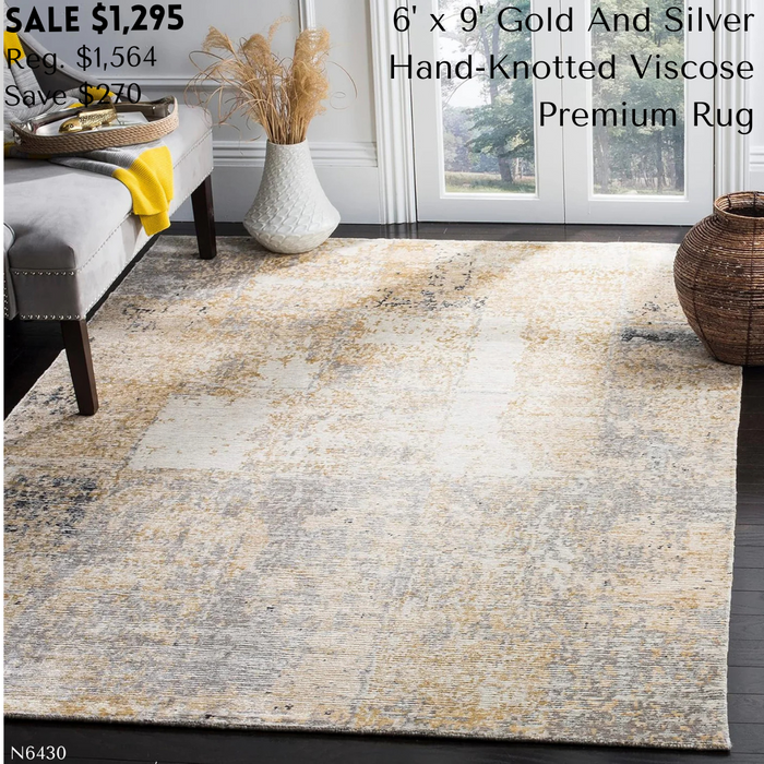 SAFAVIEH Tiffany Collection Area Rug - 6' x 9', Gold & Silver, Hand-Knotted Viscose, Ideal for High Traffic Areas in Living Room, Bedroom (TFN210A