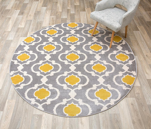 6'6" Round Gray/Yellow Moroccan Trellis Contemporary Indoor Area Rug