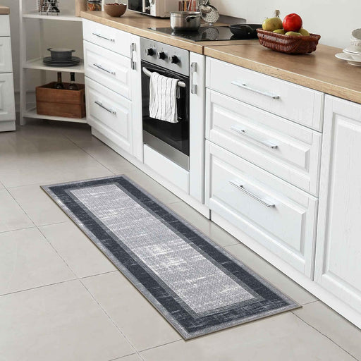 Machine Washable Bordered Design Non-Slip Rubberback 2x5 Traditional Runner Rug for Hallway, Kitchen, Bedroom, Entryway, 20" x 59", Gray/Black