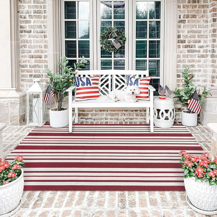 KOZYFLY Striped Outdoor Rug 4x6 Ft Red and White Front Door Rug Hand Woven Area Rug Washable Outdoor Doormats Outdoor Entrance Mat for Front Door Kitchen Entryway Patio Front Porch Decor