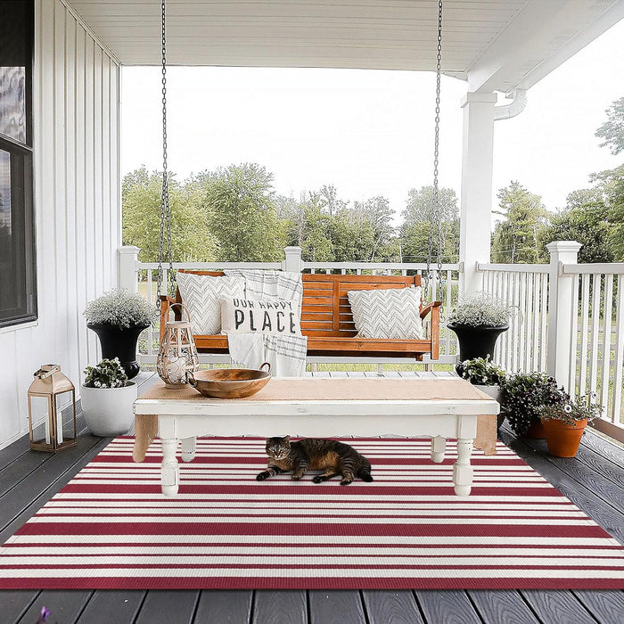 KOZYFLY Striped Outdoor Rug 4x6 Ft Red and White Front Door Rug Hand Woven Area Rug Washable Outdoor Doormats Outdoor Entrance Mat for Front Door Kitchen Entryway Patio Front Porch Decor