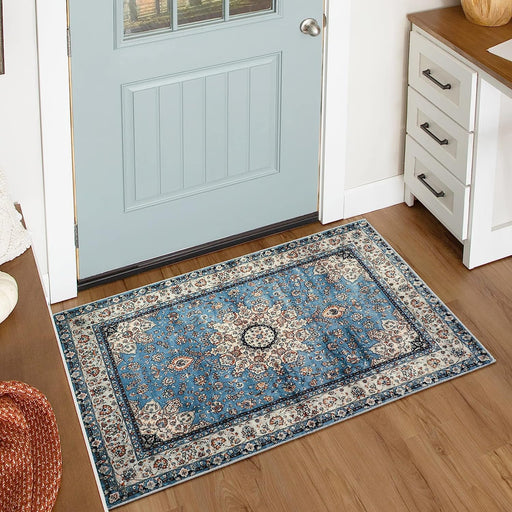 Lahome Oriental Floral Medallion Area Rug - 2x3 Blue Distressed Small Entryway Rug Printed Doormat Vintage Non-Slip Washable Low-Pile Carpet for Indoor Front Entrance Kitchen Bathroom