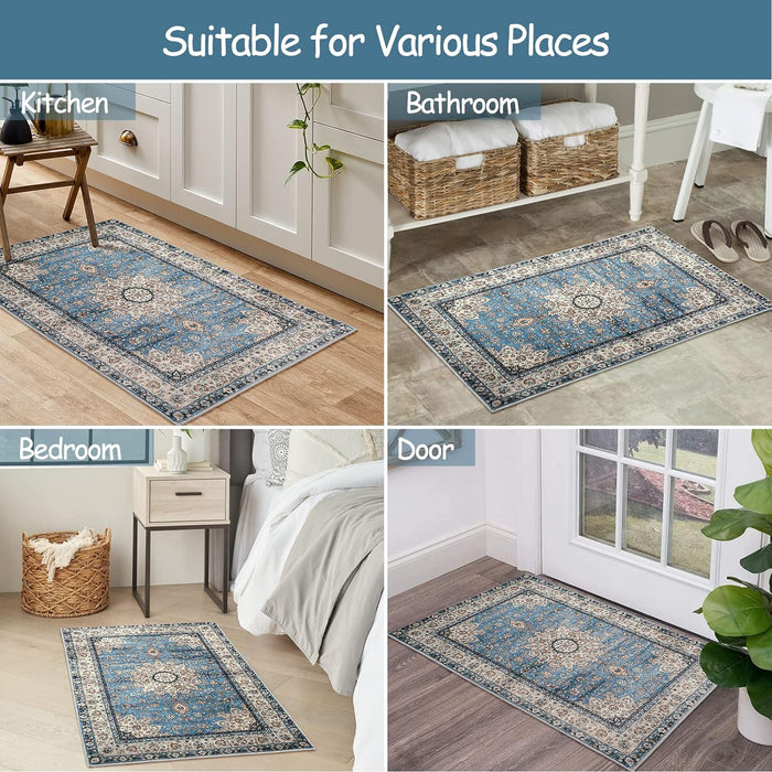 Lahome Oriental Floral Medallion Area Rug - 2x3 Blue Distressed Small Entryway Rug Printed Doormat Vintage Non-Slip Washable Low-Pile Carpet for Indoor Front Entrance Kitchen Bathroom