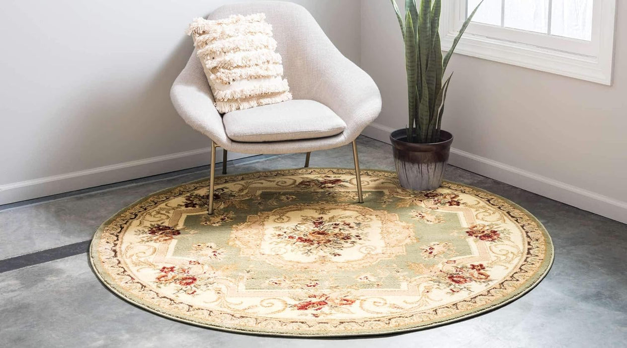8' 0 x 8' 0 Round, Green/ Ivory Traditional Classic Floral Motif Area Rug By Unique Loom Versailles Collection