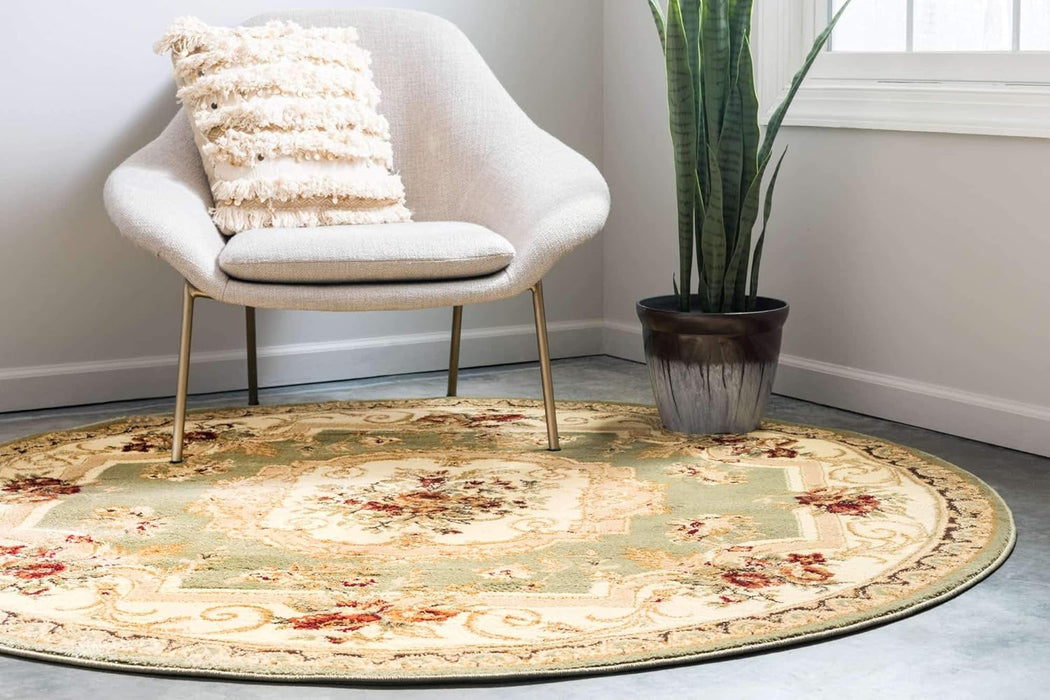 8' 0 x 8' 0 Round, Green/ Ivory Traditional Classic Floral Motif Area Rug By Unique Loom Versailles Collection