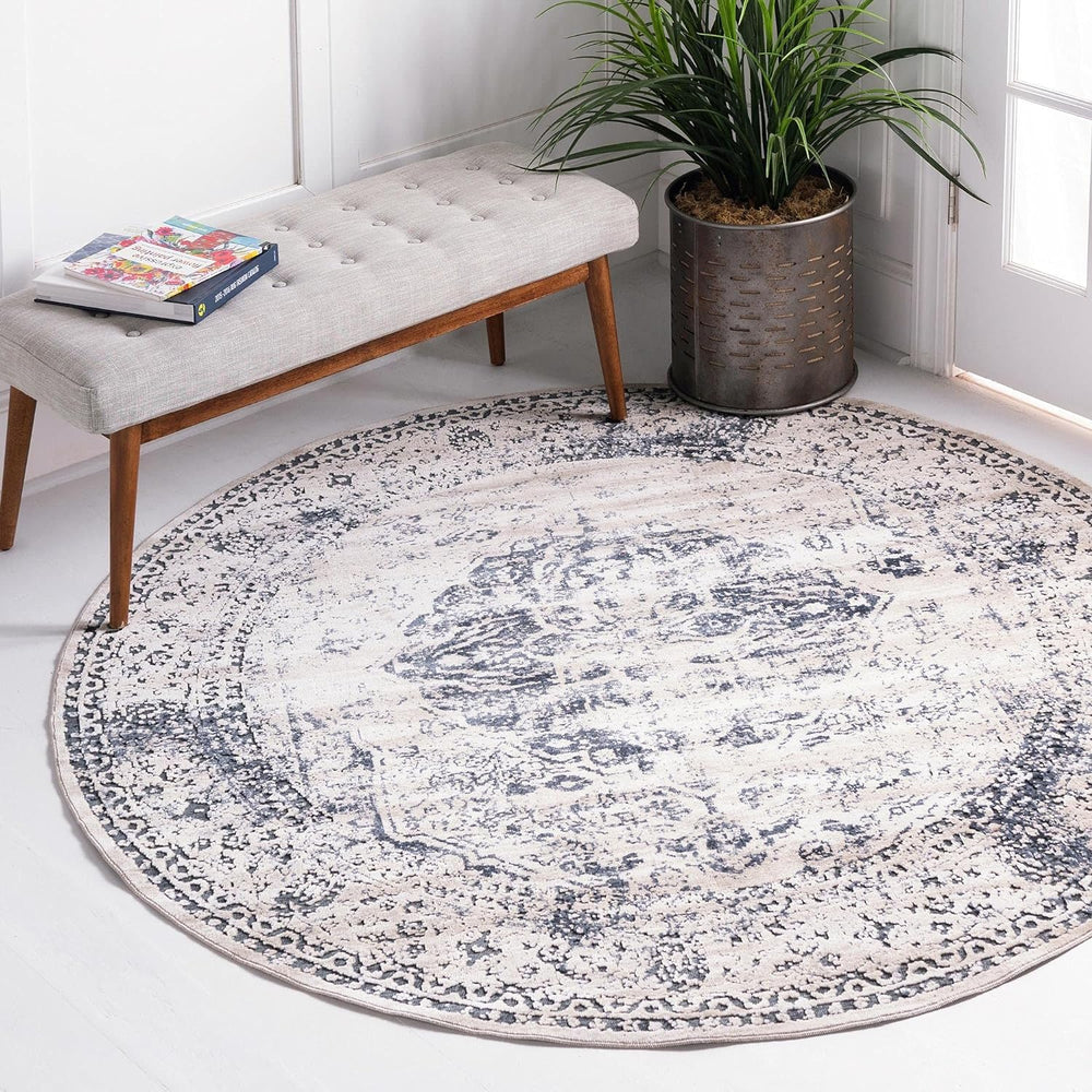 6' 1" Round, Dark Blue/ Beige Area Rug By Unique Loom Chateau Collection