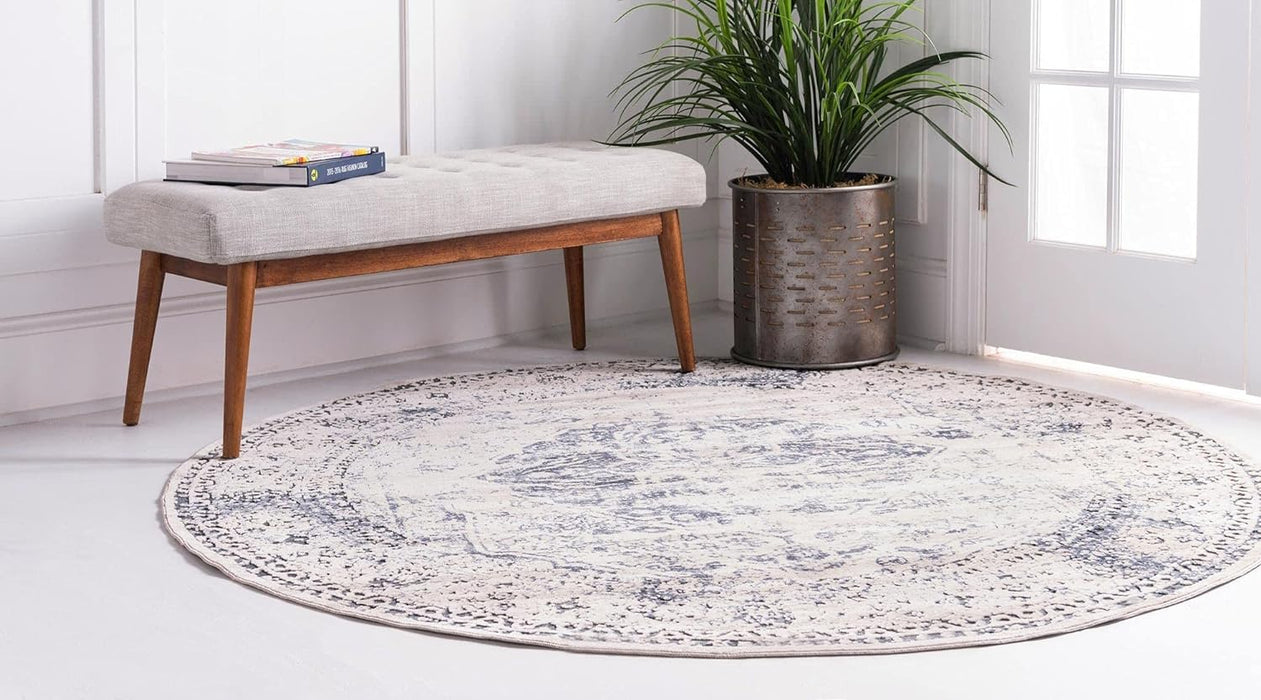 6' 1" Round, Dark Blue/ Beige Area Rug By Unique Loom Chateau Collection