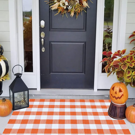 Orange and White Plaid Rug - Indoor Outdoor Hand-Woven Washable Doormat for Fall Front Door Decoration, Porch, Entryway, Farmhouse, Autumn, Thanksgiving (Orange and White Plaid, 4' × 6')
