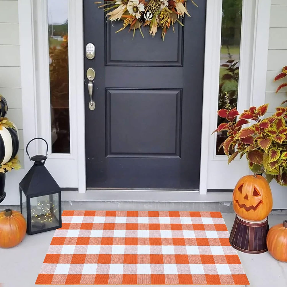Orange and White Plaid Rug - Indoor Outdoor Hand-Woven Washable Doormat for Fall Front Door Decoration, Porch, Entryway, Farmhouse, Autumn, Thanksgiving (Orange and White Plaid, 3' × 5')