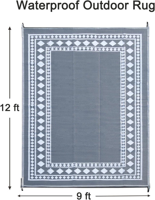 RURALITY Outdoor Rug 9x12 Waterproof for Patio,Large Plastic Straw Mat for Camping,Porch,RV,Grey and White