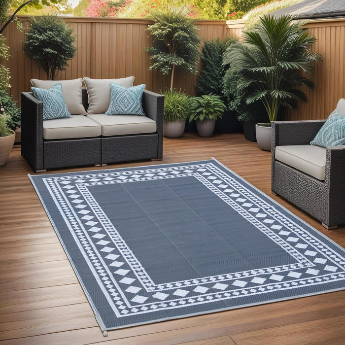 RURALITY Outdoor Rug 9x12 Waterproof for Patio,Large Plastic Straw Mat for Camping,Porch,RV,Grey and White