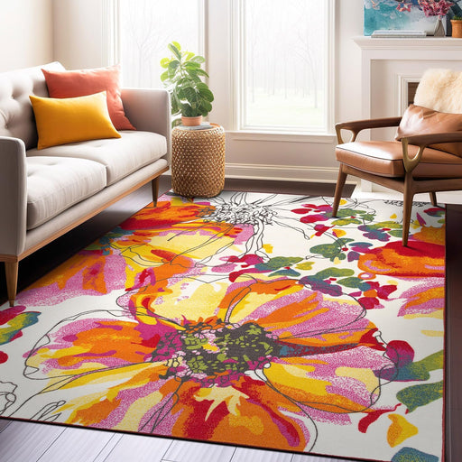 5' 3" X 7' 3" Multi Modern Bright Flowers Area Rug by Rugshop