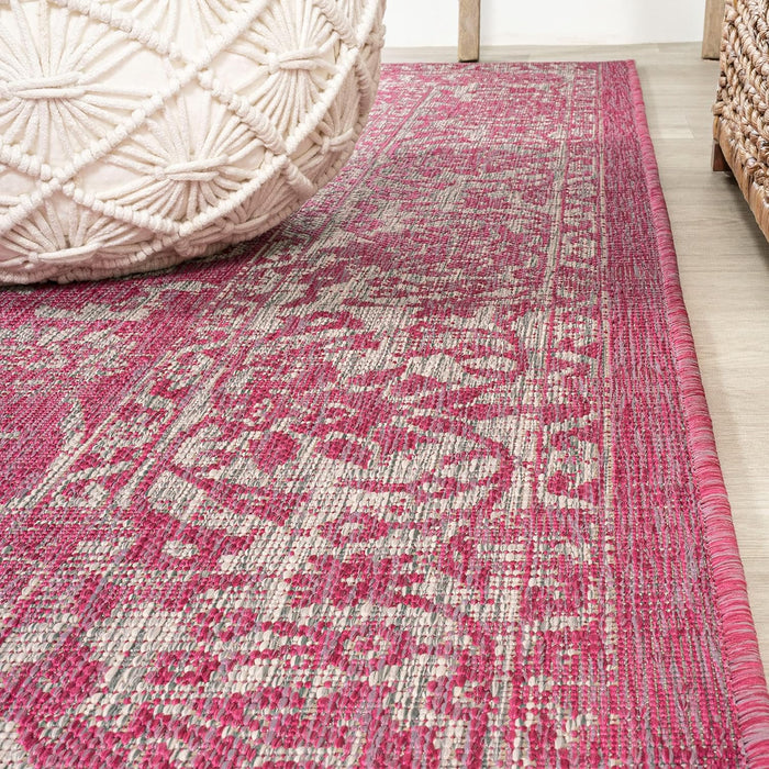 5' Round Fuchsia/Light Gray JONATHAN Y Bohemian Textured Weave Floral Indoor Outdoor Area Rug