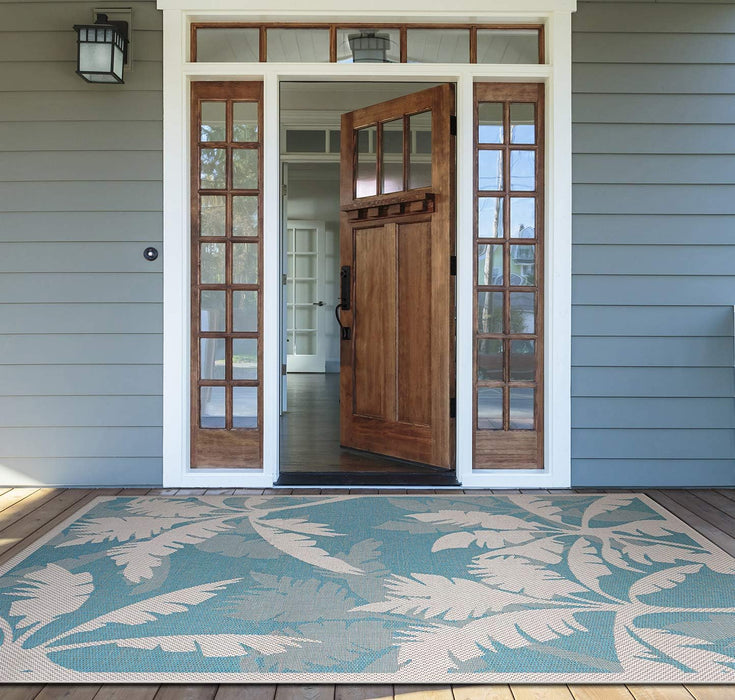 5'10" X 9'2" Ivory and Turquoise Coastal Flora Outdoor Area Rug