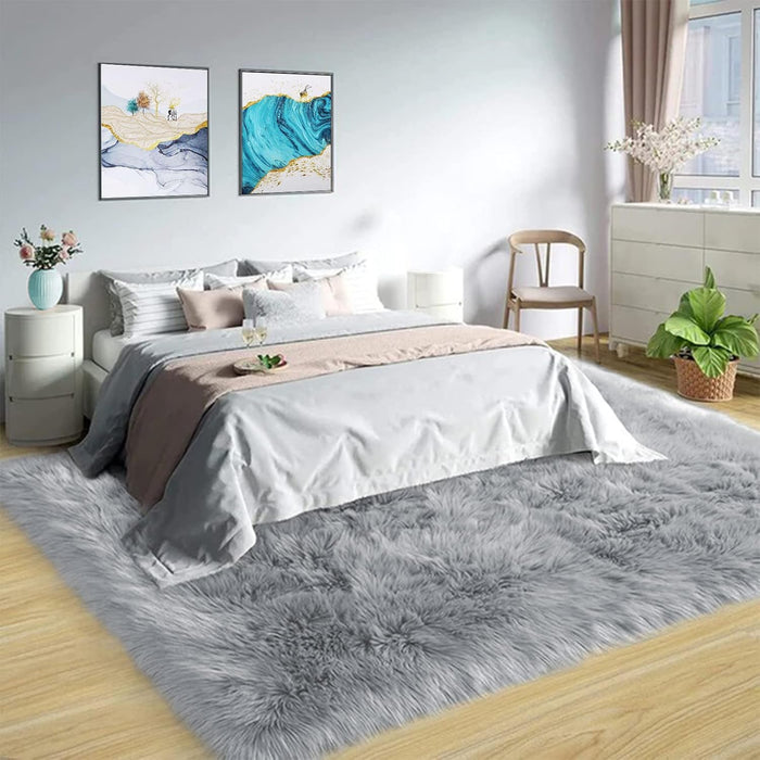 8 x 10 Grey Fuzzy Faux Fur Washable Rug