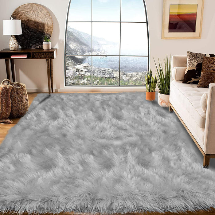 8 x 10 Grey Fuzzy Faux Fur Washable Rug