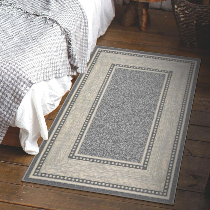 Ottomanson Machine Washable Bordered Design Non-Slip Rubberback 3x5 Traditional Area Rug for Living Room, Bedroom, Kitchen, 3'3" x 5', Light Gray