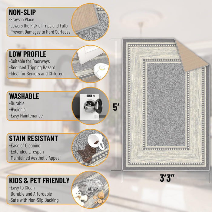 Ottomanson Machine Washable Bordered Design Non-Slip Rubberback 3x5 Traditional Area Rug for Living Room, Bedroom, Kitchen, 3'3" x 5', Light Gray