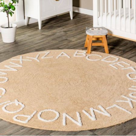 6 ft. Alphabet Print Beige Round Rug Kids Machine Washable nuLOOM