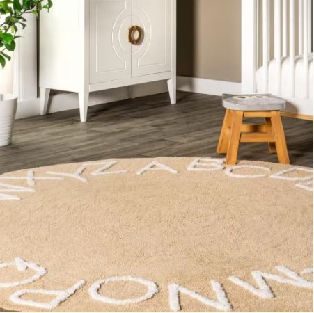 6 ft. Alphabet Print Beige Round Rug Kids Machine Washable nuLOOM