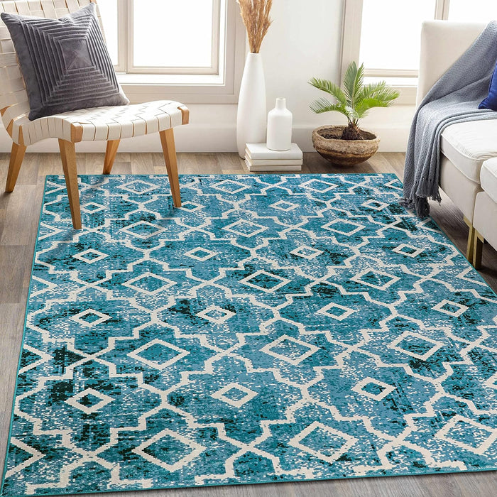 6x9 Machine Washable Moroccan Teal Modern Distressed Non-Slip Area Rug