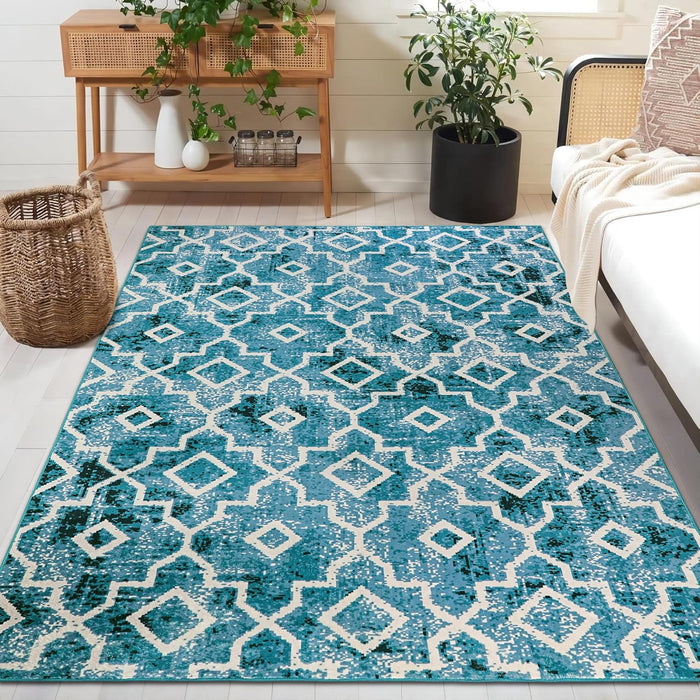 5x7 Machine Washable Moroccan Teal Modern Distressed Non-Slip Area Rug