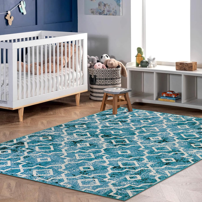 6x9 Machine Washable Moroccan Teal Modern Distressed Non-Slip Area Rug