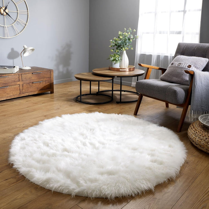 6.7 ft Round  White Faux Fur Sheepskin Circle Fluffy Washable Area Rug