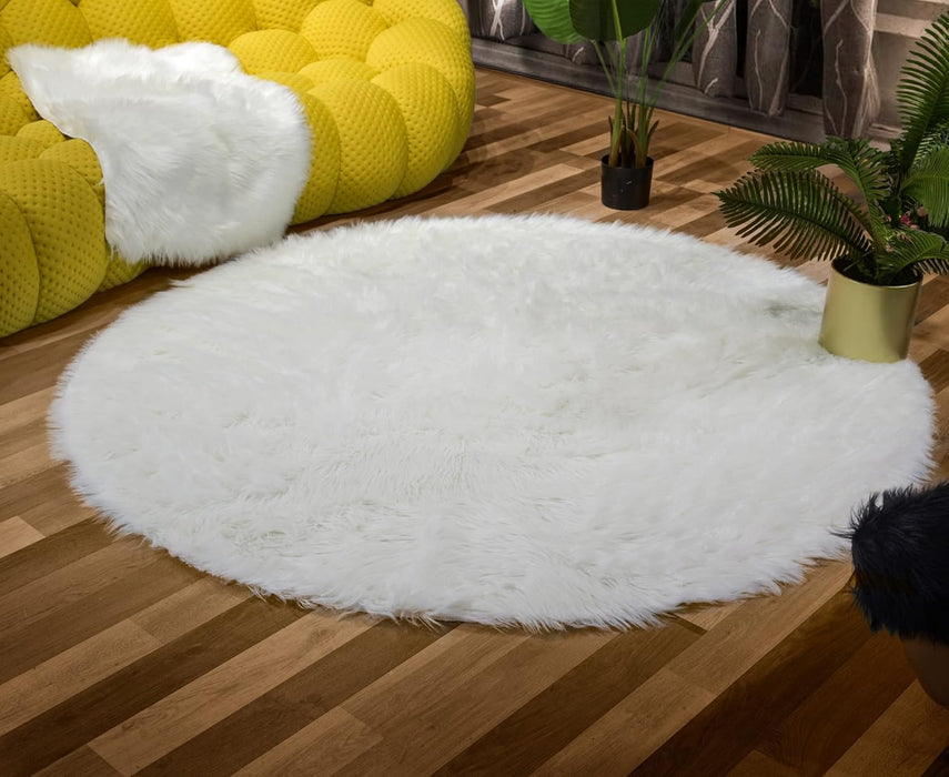 6.7 ft Round  White Faux Fur Sheepskin Circle Fluffy Washable Area Rug