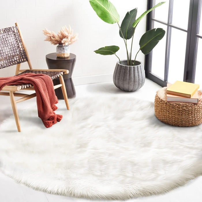 6.7 ft Round  White Faux Fur Sheepskin Circle Fluffy Washable Area Rug