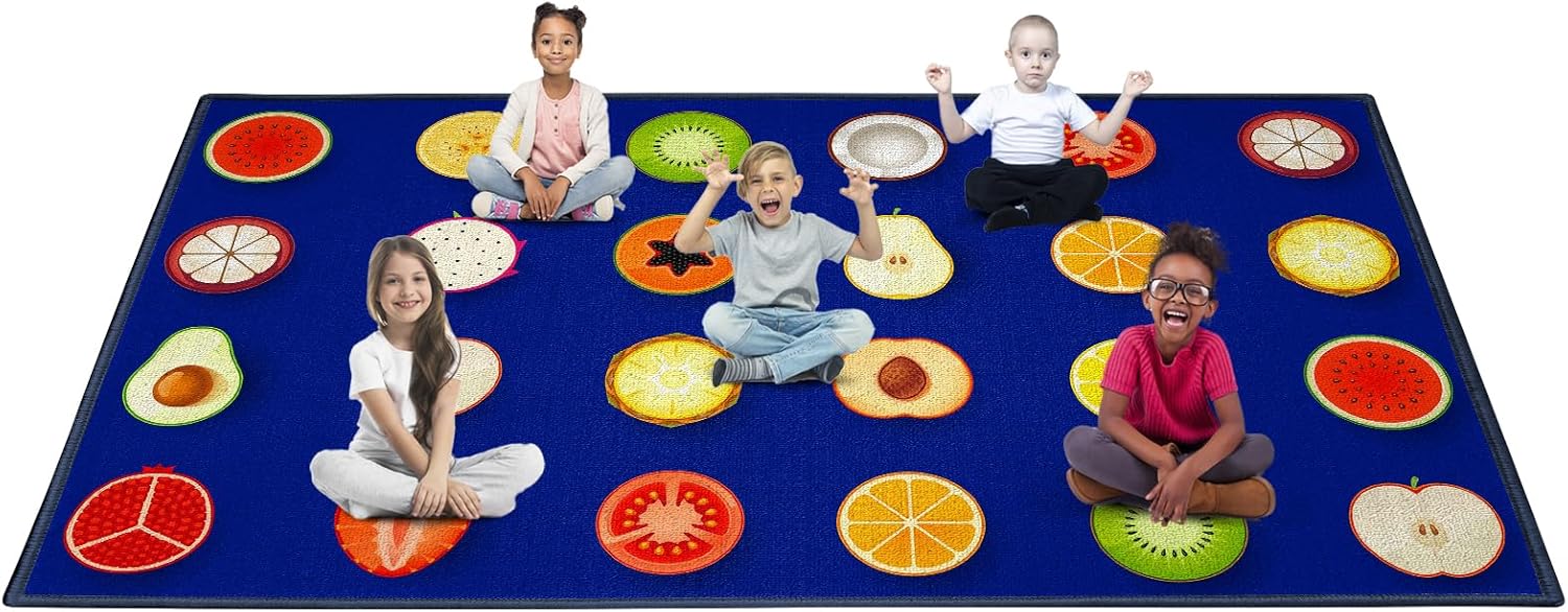 Classroom Carpet Fruit Classroom Rug with 24Seats Blue Area Rug for Classroom Sensory Rugs for School Learning and Reading Teacher Rugs for Classroom Elementary-7'5"x13'(Sg24S-4023)