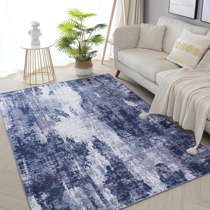 Modern Abstract Area Rug, 3x5 Navy and Grey Washable Entry Rug, Soft Non-Slip Contemporary Distressed Nursery Rugs for Living Room Boys Bedroom Home Decor