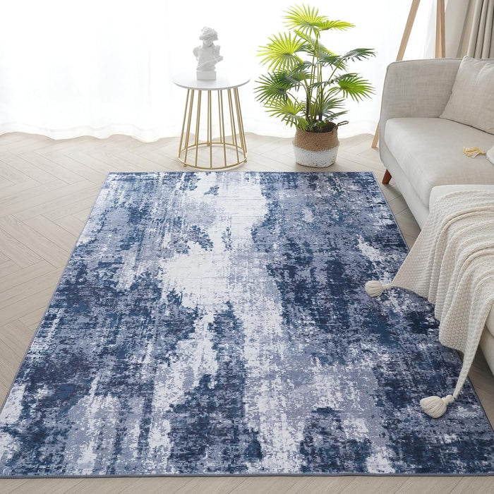 Modern Abstract Area Rug, 3x5 Navy and Grey Washable Entry Rug, Soft Non-Slip Contemporary Distressed Nursery Rugs for Living Room Boys Bedroom Home Decor