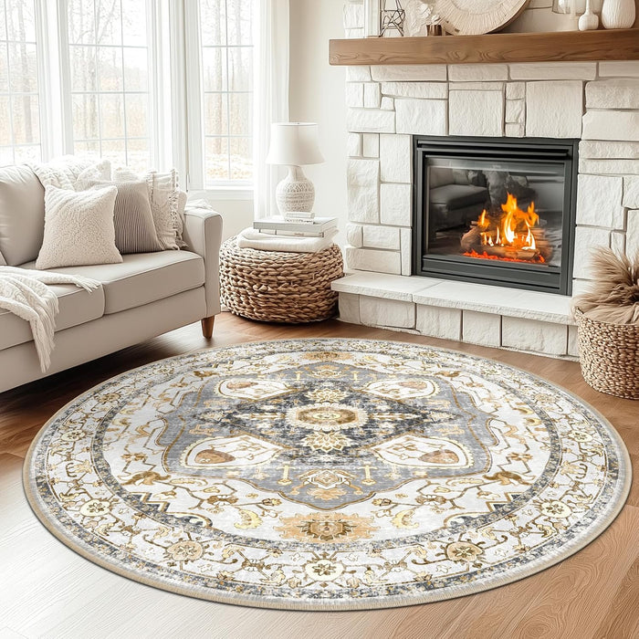 8ft Round Machine Washable Color Grey Yellow Rug