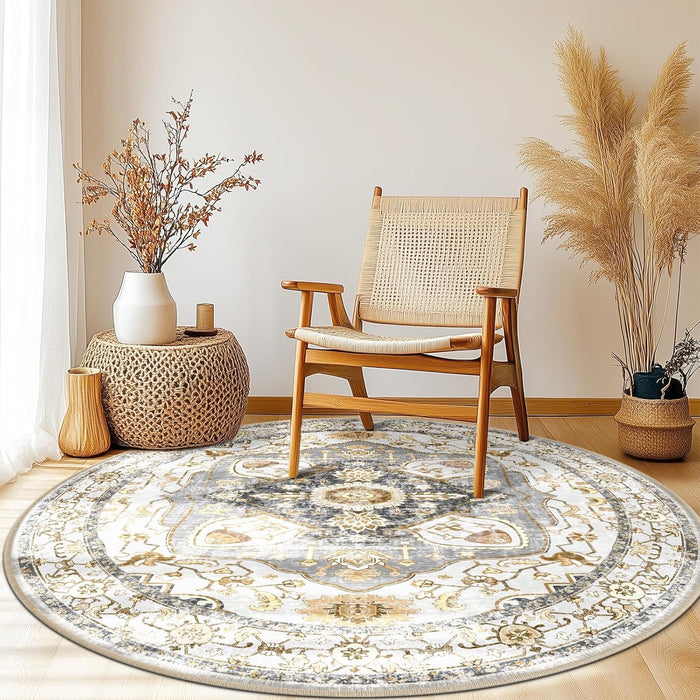 8ft Round Machine Washable Color Grey Yellow Rug