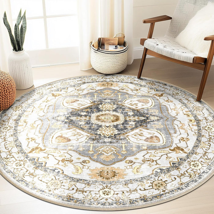 8ft Round Machine Washable Color Grey Yellow Rug