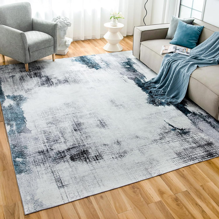 5x7 White/Blue Washable Abstract Modern Area Rug with Non-Slip Backing